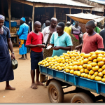 **Image Prompt:** A vibrant Liberian market scene, with vendors using Mobile Money on their smartphones to complete transactions. Focus on the mix of traditional market life with modern technology.