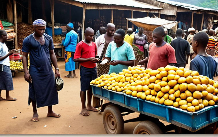 **Image Prompt:** A vibrant Liberian market scene, with vendors using Mobile Money on their smartphones to complete transactions. Focus on the mix of traditional market life with modern technology.