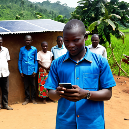 **

A young Liberian entrepreneur, fully clothed in professional attire, presenting a new mobile app on a smartphone to a group of villagers in a rural setting. The background shows solar panels and a basic internet kiosk.  Emphasis on connection and progress. Safe for work, appropriate content, professional, modest, perfect anatomy, correct proportions, natural pose, well-formed hands, proper finger count, natural body proportions, high quality.

**