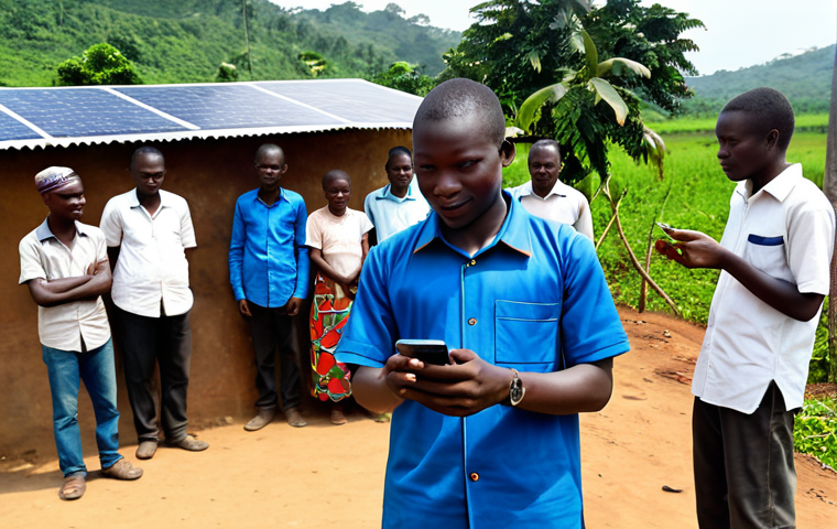 **

A young Liberian entrepreneur, fully clothed in professional attire, presenting a new mobile app on a smartphone to a group of villagers in a rural setting. The background shows solar panels and a basic internet kiosk.  Emphasis on connection and progress. Safe for work, appropriate content, professional, modest, perfect anatomy, correct proportions, natural pose, well-formed hands, proper finger count, natural body proportions, high quality.

**