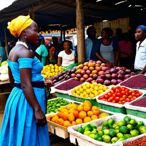 Market Scene**

"A vibrant and bustling Liberian marketplace, filled with colorful fruits, vegetables, and spices. A fully clothed woman in a traditional West African dress is selling ingredients. In the background, people are shopping and interacting. Focus on the fresh produce and lively atmosphere, appropriate content, safe for work, perfect anatomy, natural proportions, professional photography, high quality."

**