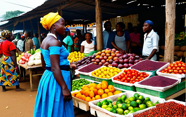 Market Scene**

"A vibrant and bustling Liberian marketplace, filled with colorful fruits, vegetables, and spices. A fully clothed woman in a traditional West African dress is selling ingredients. In the background, people are shopping and interacting. Focus on the fresh produce and lively atmosphere, appropriate content, safe for work, perfect anatomy, natural proportions, professional photography, high quality."

**