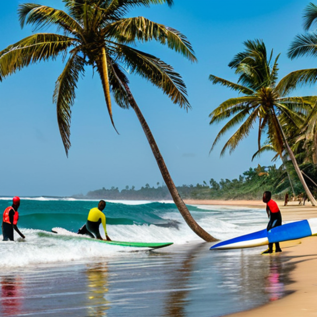 라이베리아 관광지 개요 - Robertsport Surf Scene**

"A vibrant coastal scene in Robertsport, Liberia. Surfers ride clean waves...