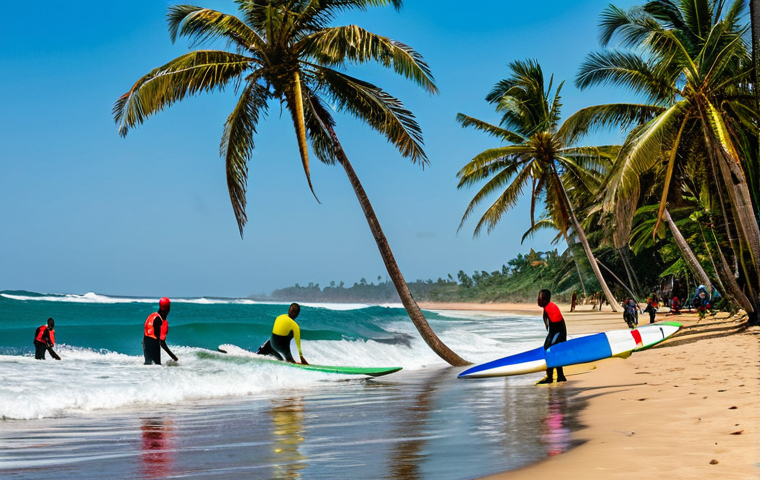 라이베리아 관광지 개요 - Robertsport Surf Scene**
"A vibrant coastal scene in Robertsport, Liberia. Surfers ride clean waves...