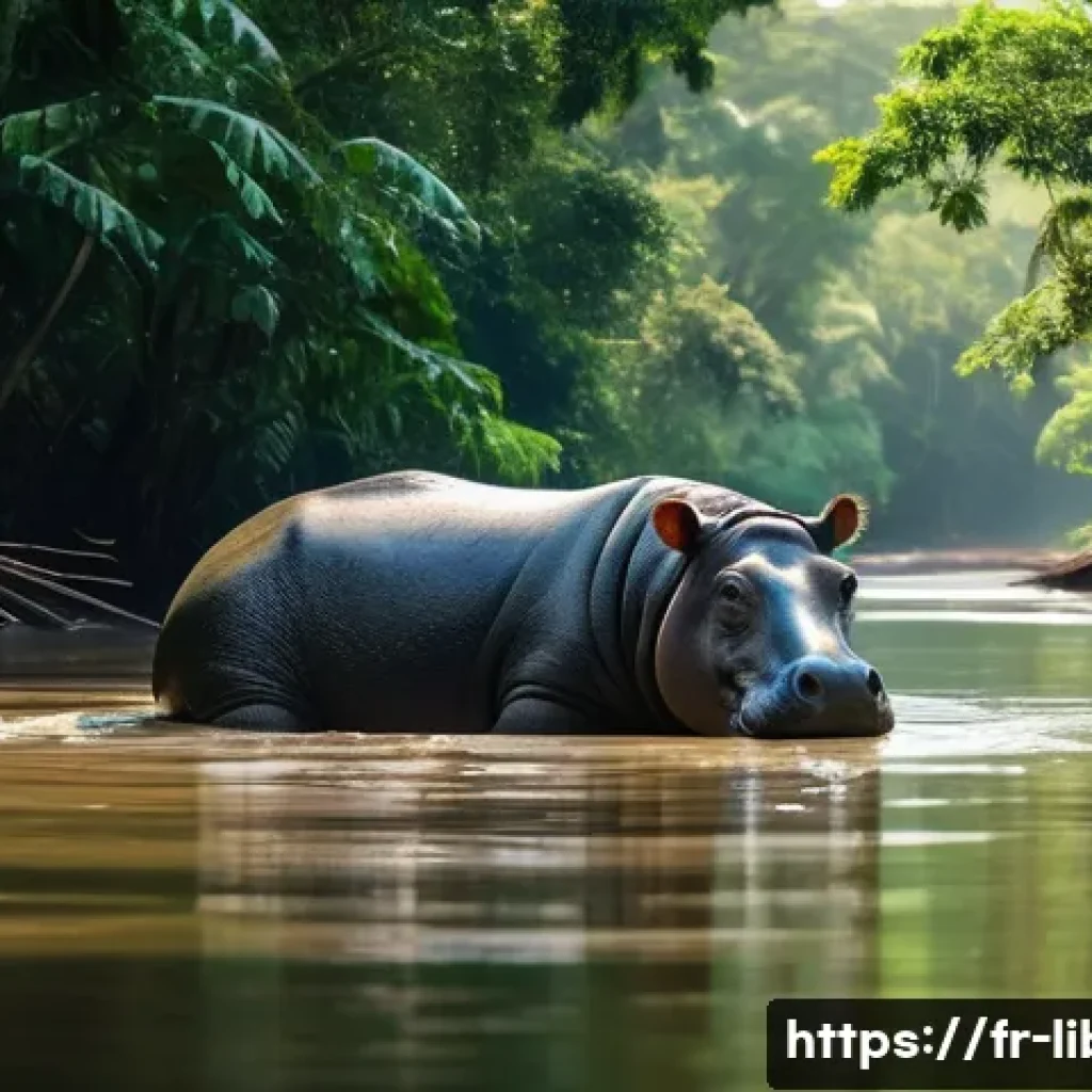 라이베리아의 생태 관광과 지속 가능성 - **Prompt:** "A serene river scene in Liberia. A pygmy hippopotamus, partially submerged in the water...