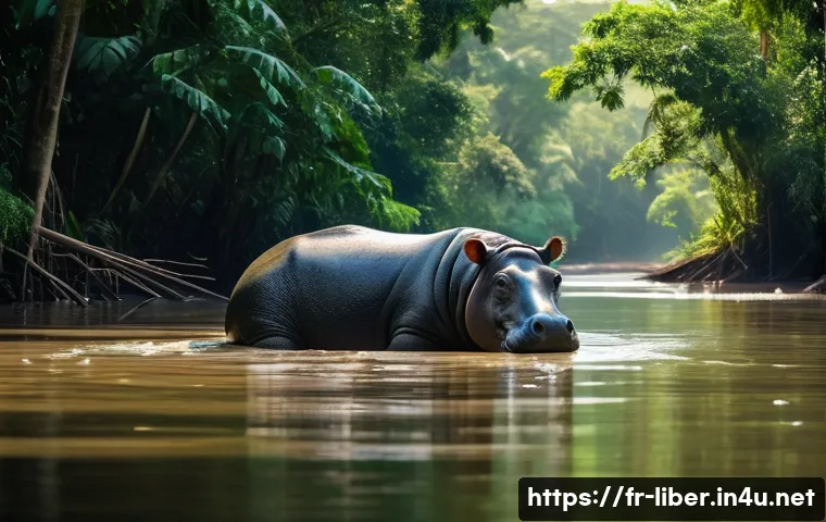 라이베리아의 생태 관광과 지속 가능성 - **Prompt:** "A serene river scene in Liberia. A pygmy hippopotamus, partially submerged in the water...