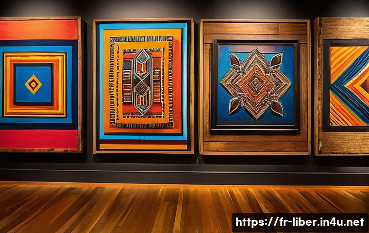 라이베리아에서 유명한 예술가와 작품 - A vibrant contemporary Liberian art gallery scene featuring colorful mixed-media paintings with geom...
