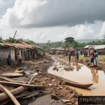 Home 21 라이베리아 내전의 원인과 결과 - A detailed scene depicting a Liberian rural village devastated by civil war, showing damaged roads, ...
