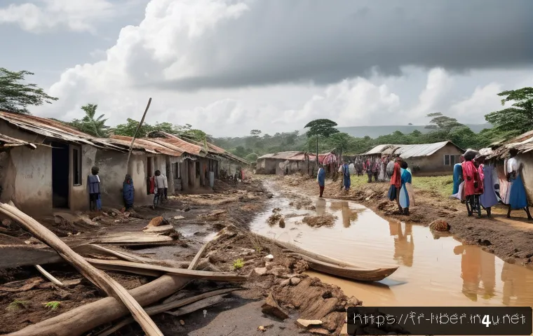 라이베리아 내전의 원인과 결과 - A detailed scene depicting a Liberian rural village devastated by civil war, showing damaged roads, ...