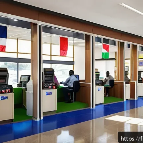 Home 32 라이베리아의 금융 시스템과 은행 계좌 개설 - A modern Liberian commercial bank interior bustling with diverse customers and staff, featuring digi...