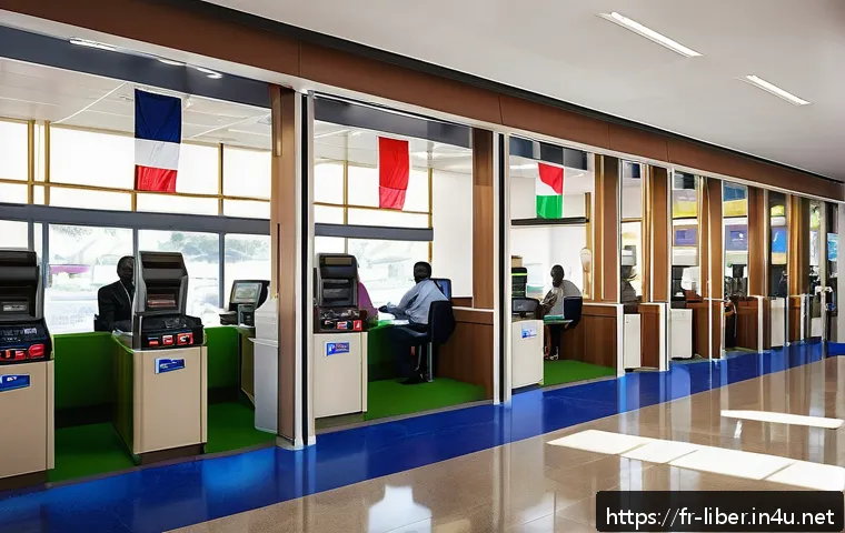 라이베리아의 금융 시스템과 은행 계좌 개설 - A modern Liberian commercial bank interior bustling with diverse customers and staff, featuring digi...
