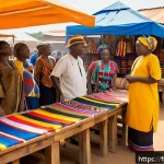 Home 19 라이베리아에서 기념품 구매 추천 - A vibrant Liberian artisan market scene showcasing colorful traditional kente textiles displayed on ...