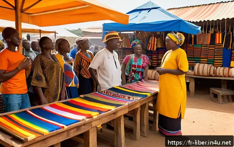 라이베리아에서 기념품 구매 추천 - A vibrant Liberian artisan market scene showcasing colorful traditional kente textiles displayed on ...