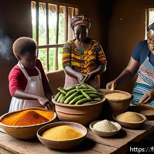 Home 30 라이베리아 대표 음식 푸푸와 수프 - A warm, inviting Liberian family kitchen scene showing multiple generations preparing traditional Li...