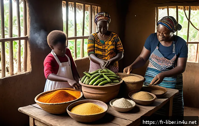 라이베리아 대표 음식 푸푸와 수프 - A warm, inviting Liberian family kitchen scene showing multiple generations preparing traditional Li...