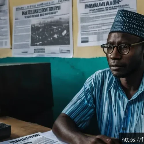 Home 17 라이베리아의 언론 자유와 미디어 환경 - A dedicated Liberian journalist in a modest newsroom, focused intently on writing an investigative r...