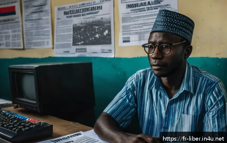 라이베리아의 언론 자유와 미디어 환경 - A dedicated Liberian journalist in a modest newsroom, focused intently on writing an investigative r...